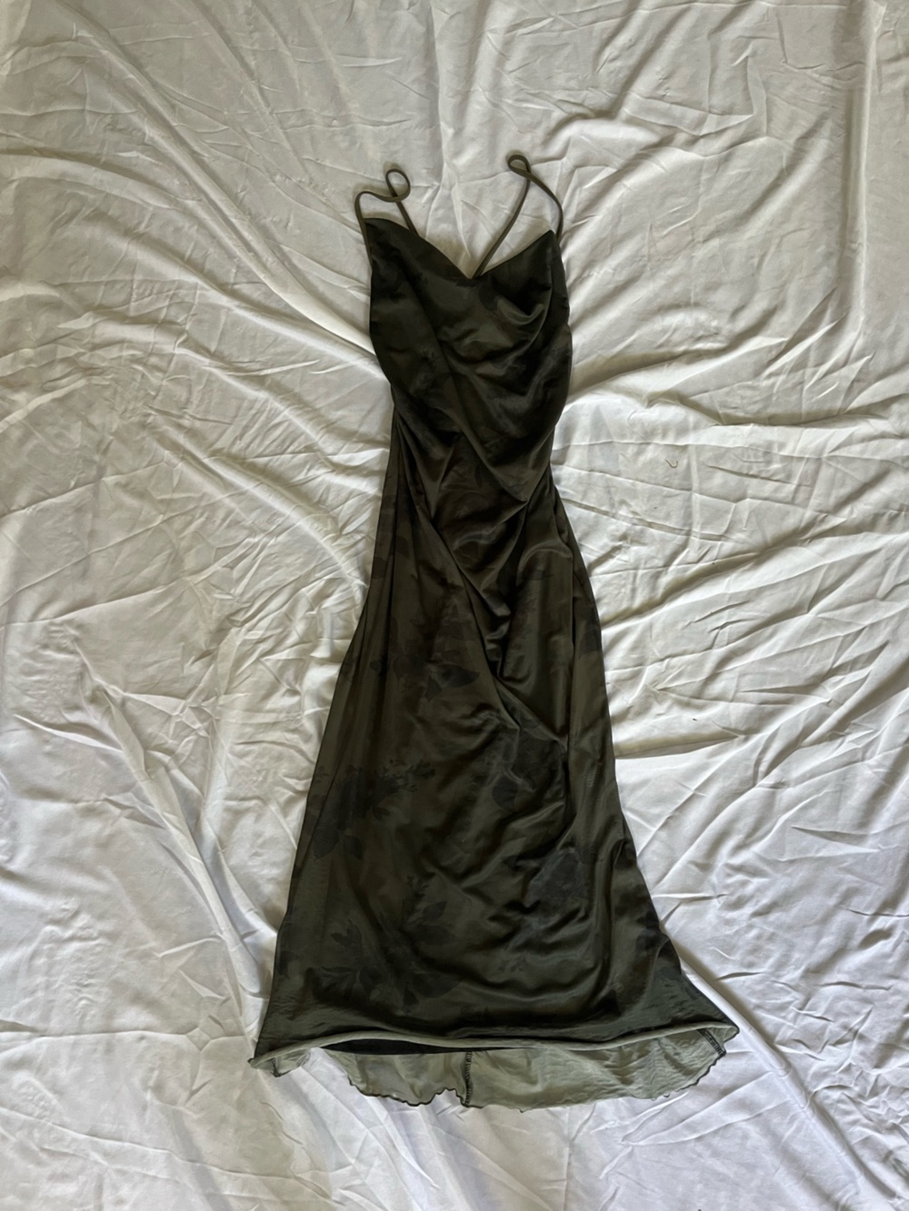 90s Grunge Dark Green Slip Dress with Cowl Neck